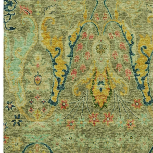HomeRoots 10' Vibrant Green Gold Pink Floral Washable Area Rug - Perfect for Indoor & Outdoor Spaces! 626283