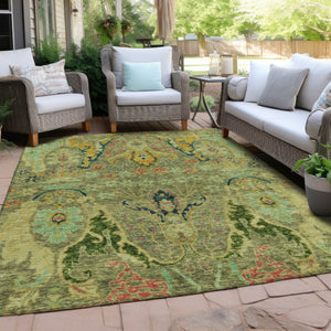 HomeRoots 10' Vibrant Green Gold Pink Floral Washable Area Rug - Perfect for Indoor & Outdoor Spaces! 626283
