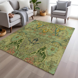 HomeRoots 10' Vibrant Green Gold Pink Floral Washable Area Rug - Perfect for Indoor & Outdoor Spaces! 626283