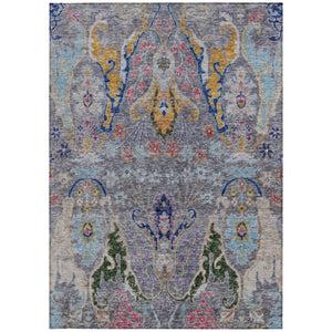 HomeRoots 5' X 8' Durable Gray Gold and Navy Floral Washable Rug for Indoor & Outdoor High-Traffic Areas 626285