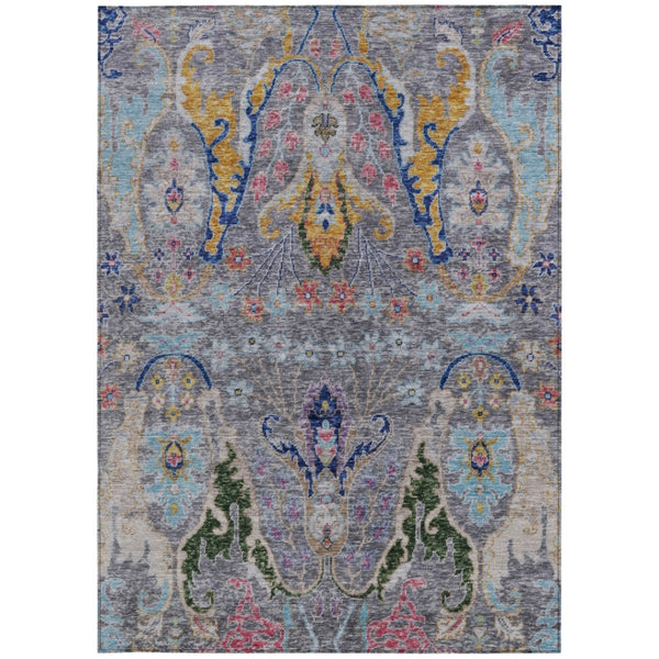 HomeRoots 5' X 8' Durable Gray Gold and Navy Floral Washable Rug for Indoor & Outdoor High-Traffic Areas 626285