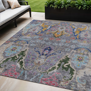 HomeRoots 5' X 8' Durable Gray Gold and Navy Floral Washable Rug for Indoor & Outdoor High-Traffic Areas 626285