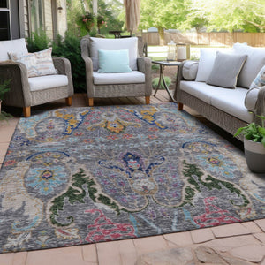 HomeRoots 5' X 8' Durable Gray Gold and Navy Floral Washable Rug for Indoor & Outdoor High-Traffic Areas 626285