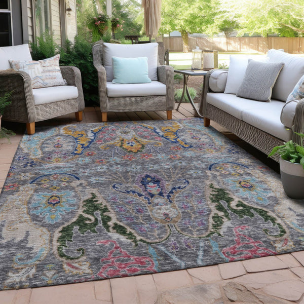 HomeRoots 5' X 8' Durable Gray Gold and Navy Floral Washable Rug for Indoor & Outdoor High-Traffic Areas 626285