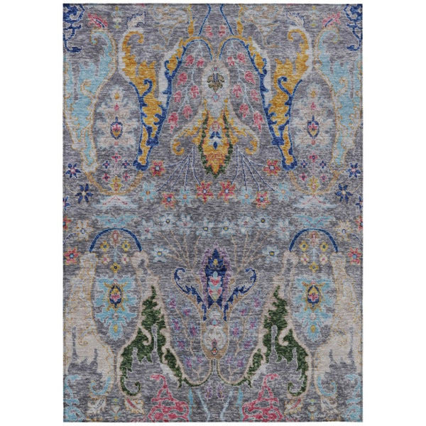HomeRoots 5' X 8' Durable Gray Gold and Navy Floral Washable Rug for Indoor & Outdoor High-Traffic Areas 626285