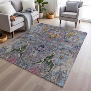 HomeRoots 5' X 8' Durable Gray Gold and Navy Floral Washable Rug for Indoor & Outdoor High-Traffic Areas 626285