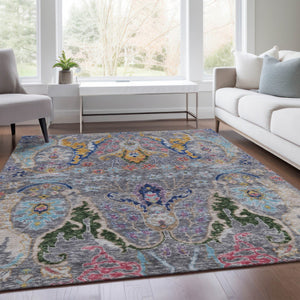 HomeRoots 5' X 8' Durable Gray Gold and Navy Floral Washable Rug for Indoor & Outdoor High-Traffic Areas 626285
