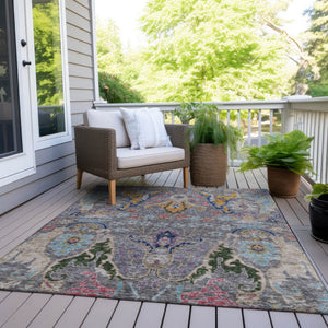 HomeRoots 5' X 8' Durable Gray Gold and Navy Floral Washable Rug for Indoor & Outdoor High-Traffic Areas 626285