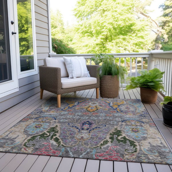 HomeRoots 5' X 8' Durable Gray Gold and Navy Floral Washable Rug for Indoor & Outdoor High-Traffic Areas 626285