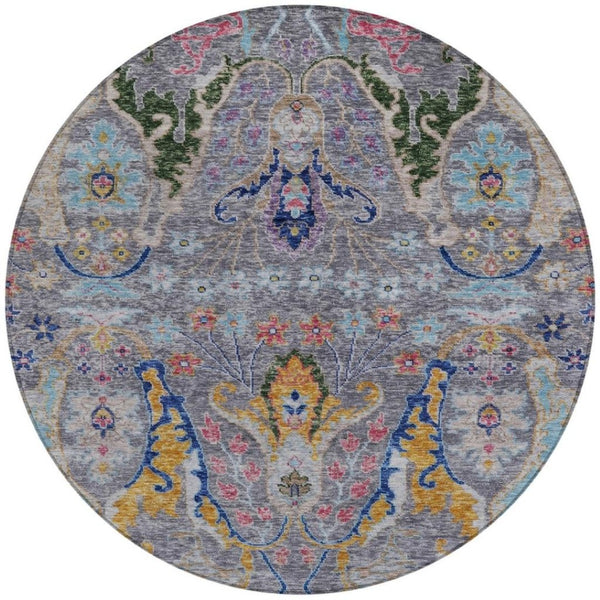 HomeRoots 8' Round Floral Area Rug in Gray, Gold & Navy Blue – Machine-Washable, Indoor/Outdoor Durability! 626286