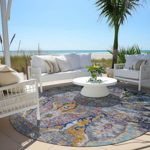 HomeRoots 8' Round Floral Area Rug in Gray, Gold & Navy Blue – Machine-Washable, Indoor/Outdoor Durability! 626286