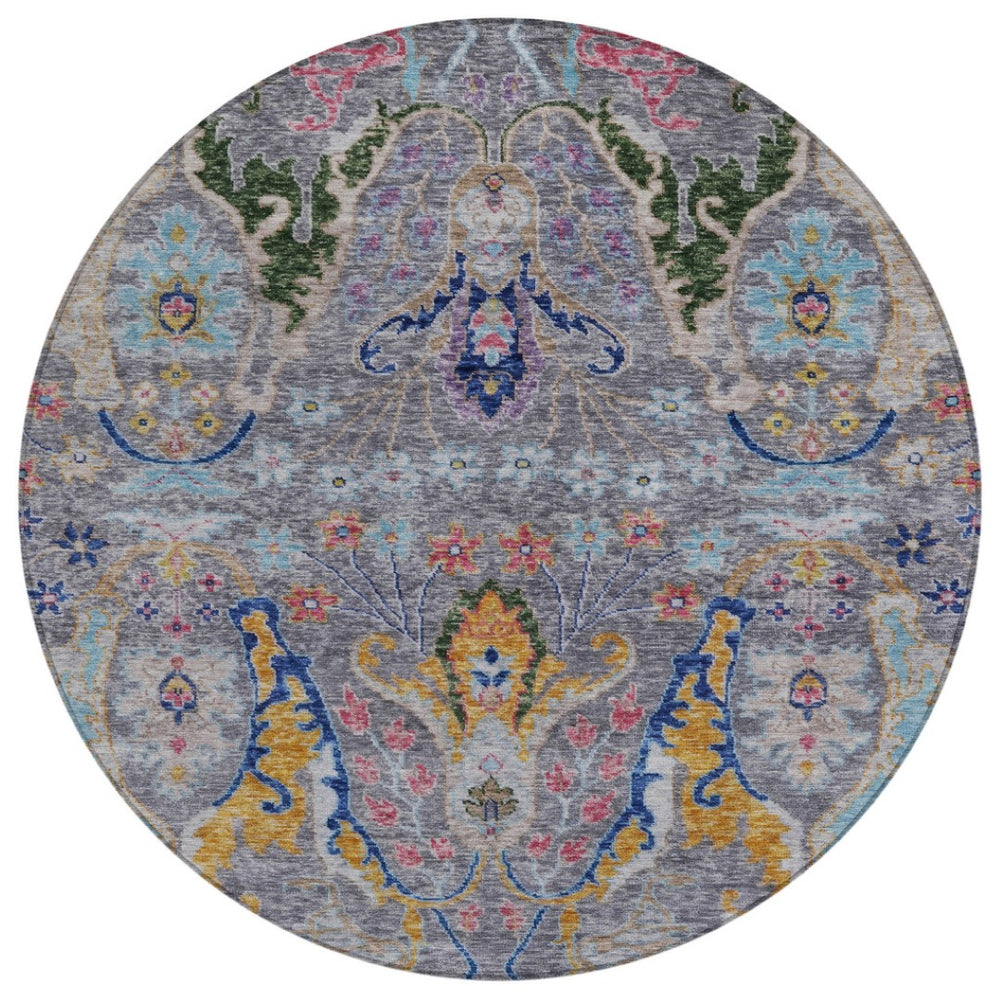 HomeRoots 8' Round Floral Area Rug in Gray, Gold & Navy Blue – Machine-Washable, Indoor/Outdoor Durability! 626286