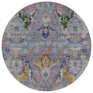 HomeRoots 8' Round Floral Area Rug in Gray, Gold & Navy Blue – Machine-Washable, Indoor/Outdoor Durability! 626286