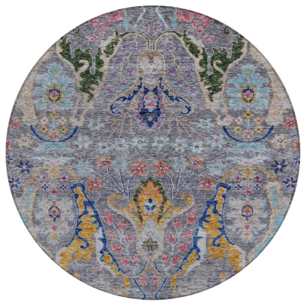 HomeRoots 8' Round Floral Area Rug in Gray, Gold & Navy Blue – Machine-Washable, Indoor/Outdoor Durability! 626286