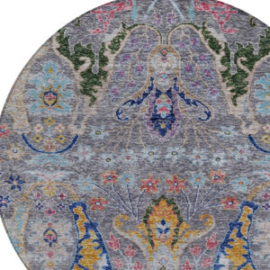 HomeRoots 8' Round Floral Area Rug in Gray, Gold & Navy Blue – Machine-Washable, Indoor/Outdoor Durability! 626286