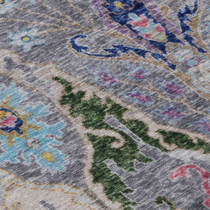 HomeRoots 8' Round Floral Area Rug in Gray, Gold & Navy Blue – Machine-Washable, Indoor/Outdoor Durability! 626286