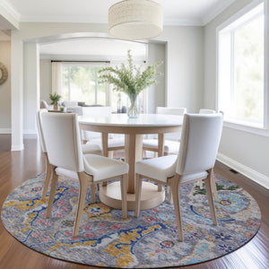 HomeRoots 8' Round Floral Area Rug in Gray, Gold & Navy Blue – Machine-Washable, Indoor/Outdoor Durability! 626286