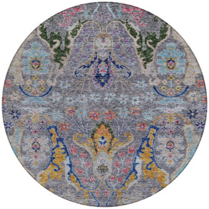 HomeRoots 8' Round Floral Area Rug in Gray, Gold & Navy Blue – Machine-Washable, Indoor/Outdoor Durability! 626286