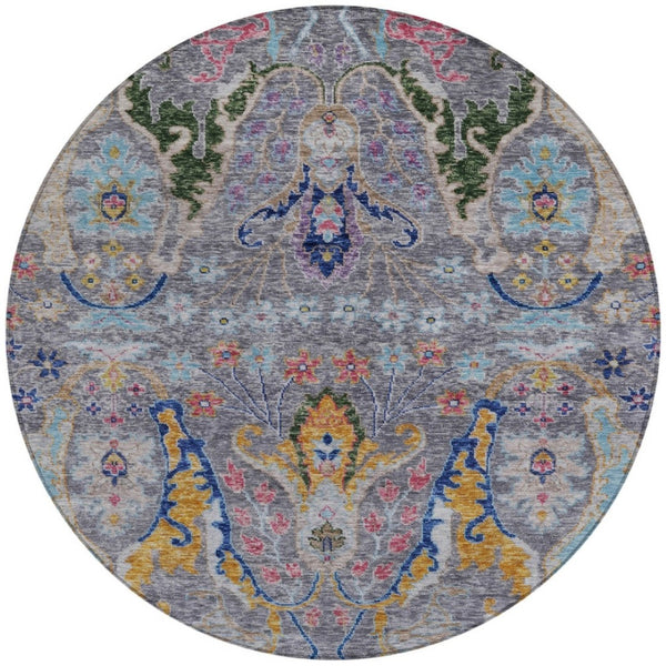 HomeRoots 8' Round Floral Area Rug in Gray, Gold & Navy Blue – Machine-Washable, Indoor/Outdoor Durability! 626286