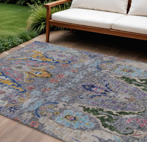 HomeRoots 9' X 12' Elegant Gray Gold Navy Floral Washable Rug - Durable, Stylish for Indoor & Outdoor Spaces 626288