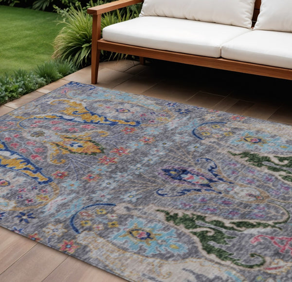 HomeRoots 10' Gray Gold & Navy Floral Washable Area Rug - Durable, Stylish & Ideal for Indoor/Outdoor Use 626289