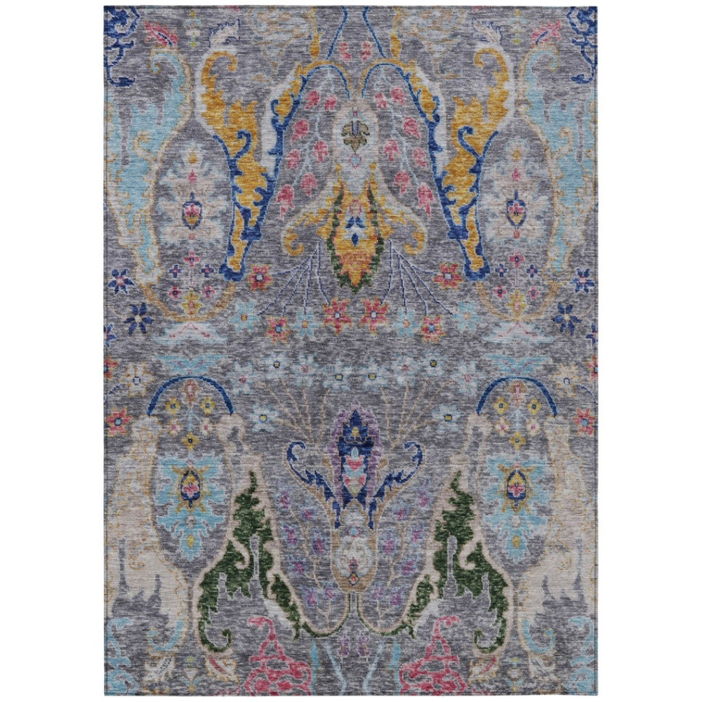 HomeRoots 10' Gray Gold & Navy Floral Washable Area Rug - Durable, Stylish & Ideal for Indoor/Outdoor Use 626289