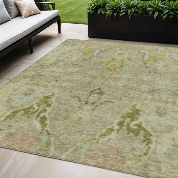HomeRoots 5' X 8' Khaki Gold Beige Floral Indoor Outdoor Area Rug - Washable, Durable, Stylish Décor Solution 626291