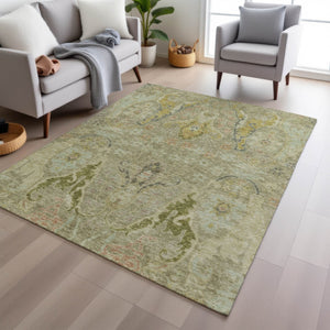 HomeRoots 5' X 8' Khaki Gold Beige Floral Indoor Outdoor Area Rug - Washable, Durable, Stylish Décor Solution 626291