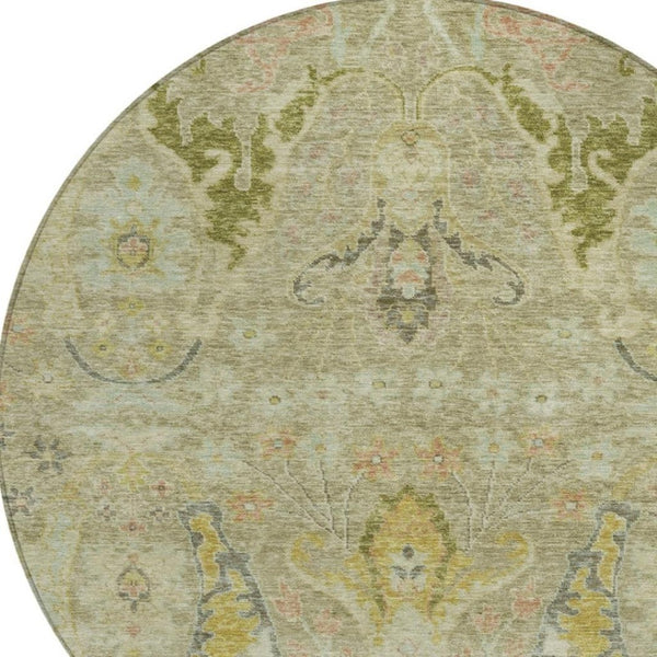 HomeRoots 8' Round Floral Washable Rug in Khaki Gold & Beige - Durable, Stylish for Indoor & Outdoor Spaces! 626292