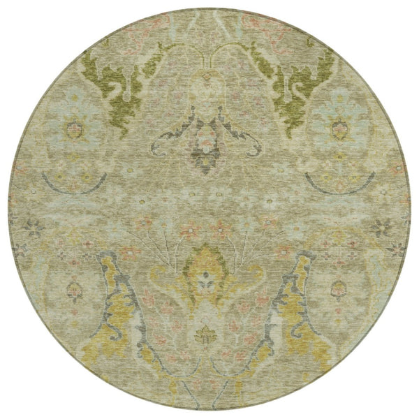 HomeRoots 8' Round Floral Washable Rug in Khaki Gold & Beige - Durable, Stylish for Indoor & Outdoor Spaces! 626292