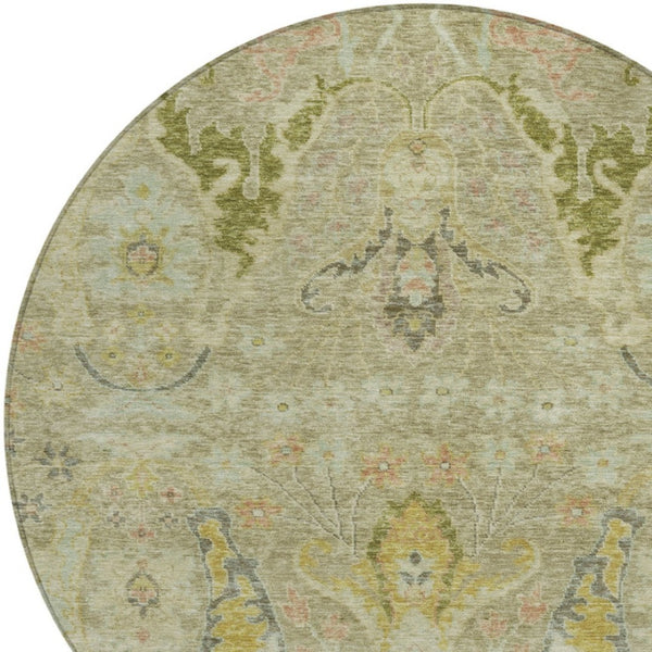 HomeRoots 8' Round Floral Washable Rug in Khaki Gold & Beige - Durable, Stylish for Indoor & Outdoor Spaces! 626292