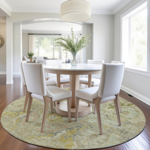 HomeRoots 8' Round Floral Washable Rug in Khaki Gold & Beige - Durable, Stylish for Indoor & Outdoor Spaces! 626292