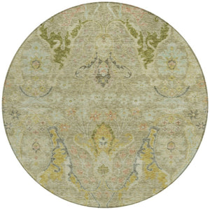 HomeRoots 8' Round Floral Washable Rug in Khaki Gold & Beige - Durable, Stylish for Indoor & Outdoor Spaces! 626292