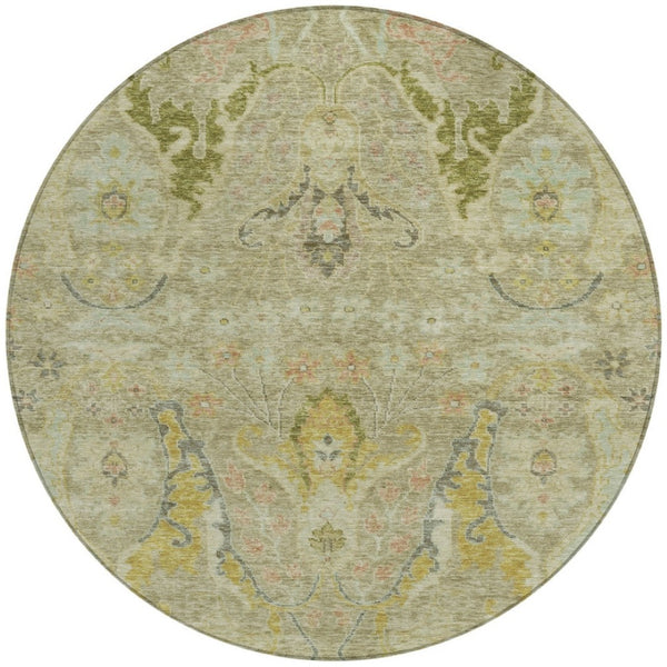 HomeRoots 8' Round Floral Washable Rug in Khaki Gold & Beige - Durable, Stylish for Indoor & Outdoor Spaces! 626292
