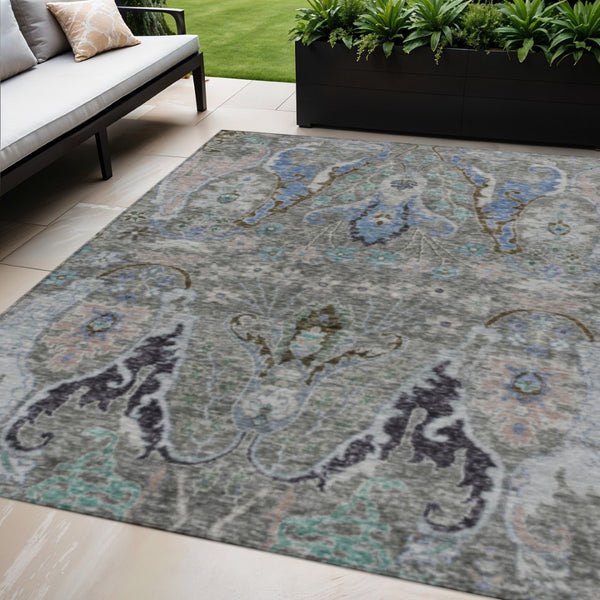 HomeRoots 5' X 8' Pewter Blue and Gray Floral Area Rug – Stylish, Durable, Washable for Indoor & Outdoor Use 626297