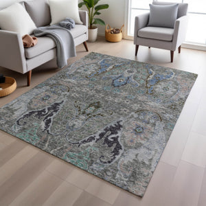 HomeRoots 5' X 8' Pewter Blue and Gray Floral Area Rug – Stylish, Durable, Washable for Indoor & Outdoor Use 626297