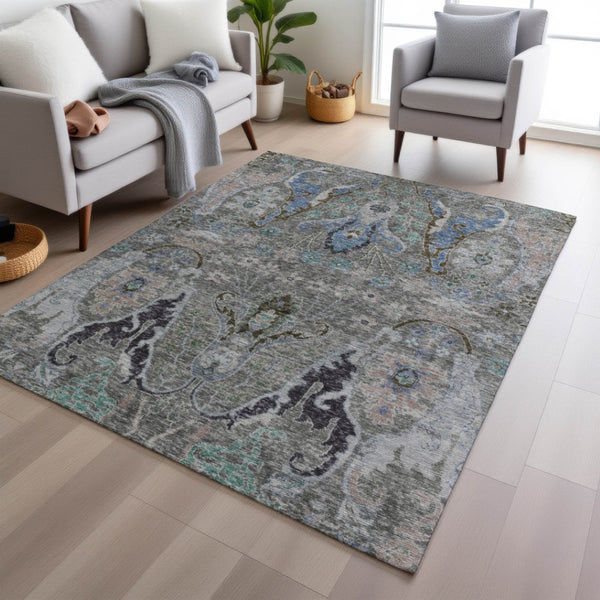 HomeRoots 5' X 8' Pewter Blue and Gray Floral Area Rug – Stylish, Durable, Washable for Indoor & Outdoor Use 626297