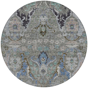 HomeRoots 8' Pewter Blue and Gray Round Floral Area Rug - Washable, Durable, Perfect for Indoor/Outdoor Use! 626298