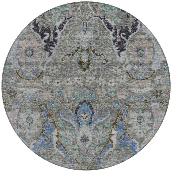 HomeRoots 8' Pewter Blue and Gray Round Floral Area Rug - Washable, Durable, Perfect for Indoor/Outdoor Use! 626298