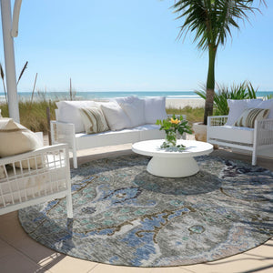 HomeRoots 8' Pewter Blue and Gray Round Floral Area Rug - Washable, Durable, Perfect for Indoor/Outdoor Use! 626298