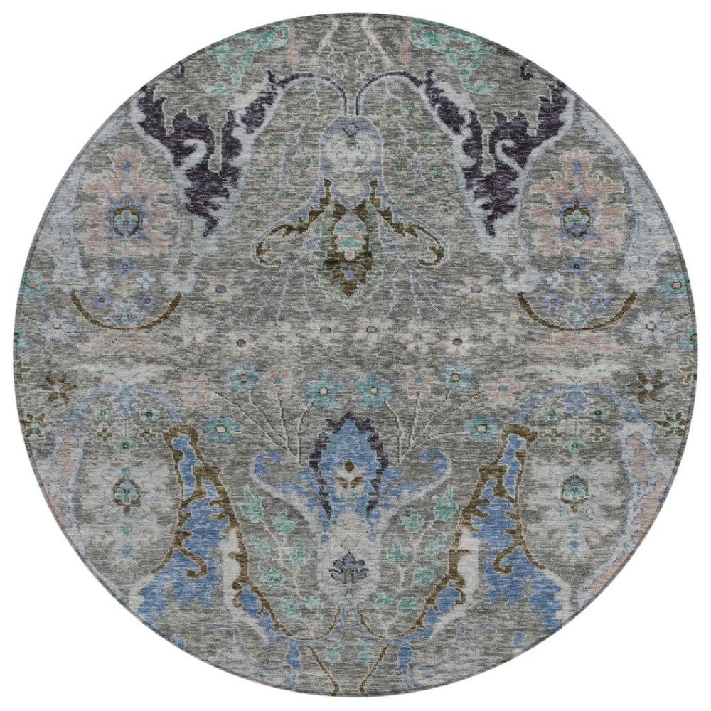 HomeRoots 8' Pewter Blue and Gray Round Floral Area Rug - Washable, Durable, Perfect for Indoor/Outdoor Use! 626298