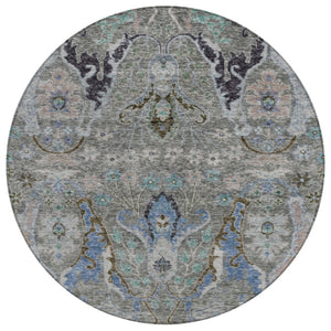 HomeRoots 8' Pewter Blue and Gray Round Floral Area Rug - Washable, Durable, Perfect for Indoor/Outdoor Use! 626298