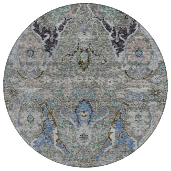 HomeRoots 8' Pewter Blue and Gray Round Floral Area Rug - Washable, Durable, Perfect for Indoor/Outdoor Use! 626298