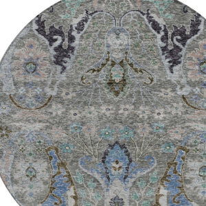 HomeRoots 8' Pewter Blue and Gray Round Floral Area Rug - Washable, Durable, Perfect for Indoor/Outdoor Use! 626298