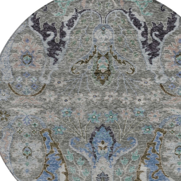 HomeRoots 8' Pewter Blue and Gray Round Floral Area Rug - Washable, Durable, Perfect for Indoor/Outdoor Use! 626298
