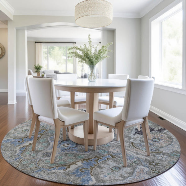HomeRoots 8' Pewter Blue and Gray Round Floral Area Rug - Washable, Durable, Perfect for Indoor/Outdoor Use! 626298
