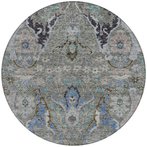 HomeRoots 8' Pewter Blue and Gray Round Floral Area Rug - Washable, Durable, Perfect for Indoor/Outdoor Use! 626298
