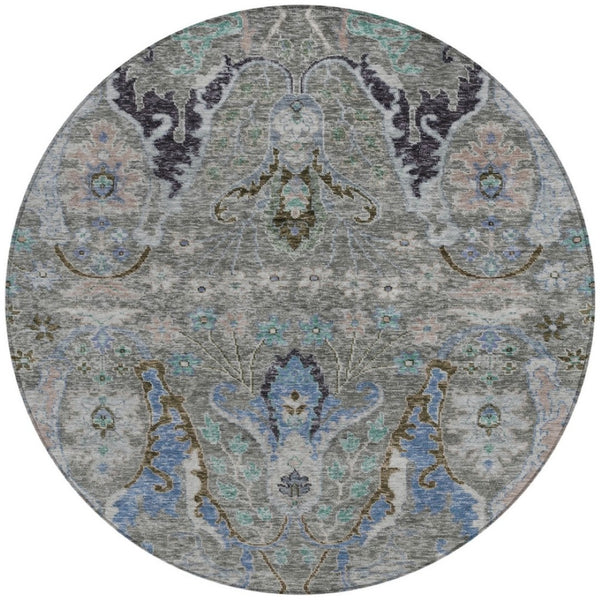 HomeRoots 8' Pewter Blue and Gray Round Floral Area Rug - Washable, Durable, Perfect for Indoor/Outdoor Use! 626298