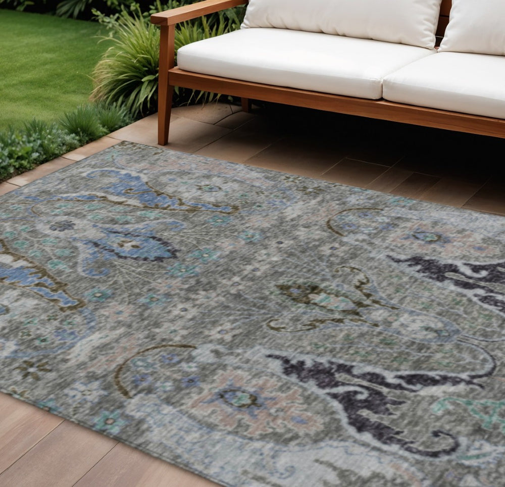 HomeRoots 8' X 10' Washable Pewter Blue & Gray Floral Area Rug – Durable, Stain-Resistant for Indoor & Outdoor Use! 626299