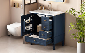 English Elm 30 30 Inch Bathroom Vanity with Ceramic Sink, Modern Compact 3-Drawer Storage Cabinet for Small Baths Blue N710P247499C